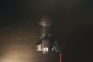 Flatlay of DSLR on a desk.