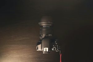 Flatlay of DSLR on a desk.
